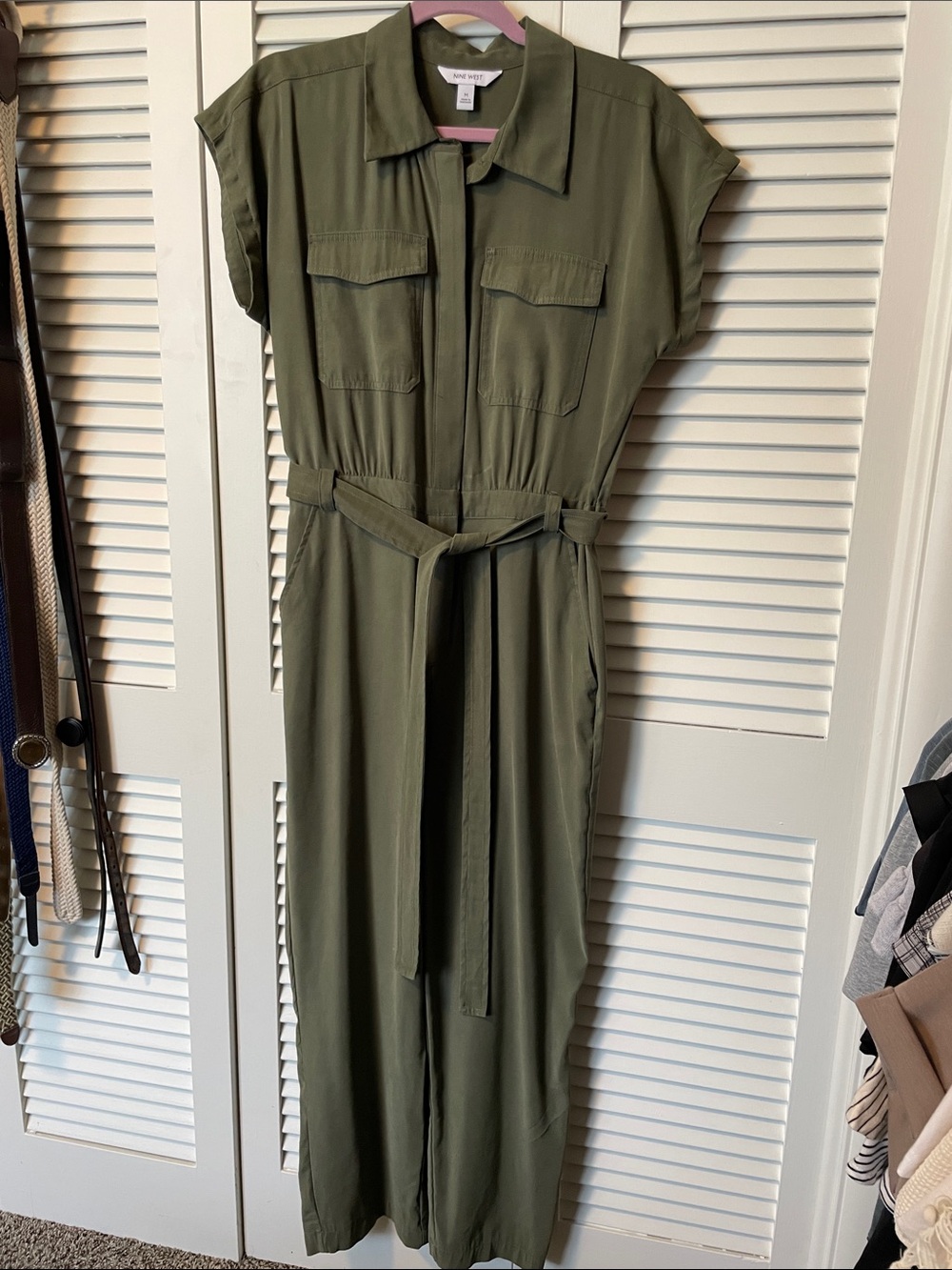Nine West Olive Utility Jumpsuit with Tie Belt